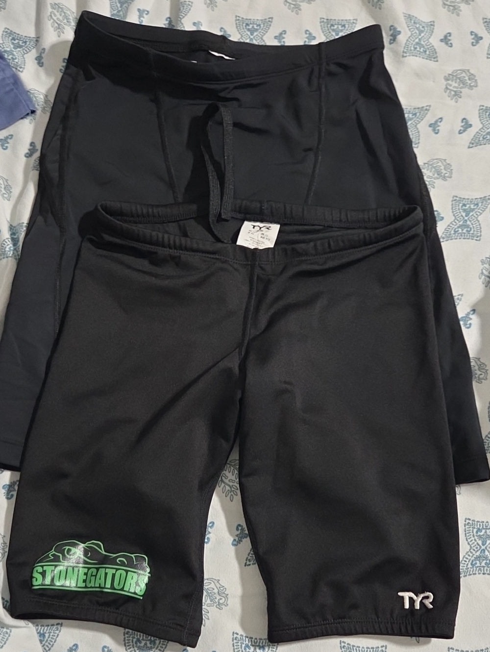 TYR Black Kids Swim Jammers with Green Stonegators Logo.  2pack.